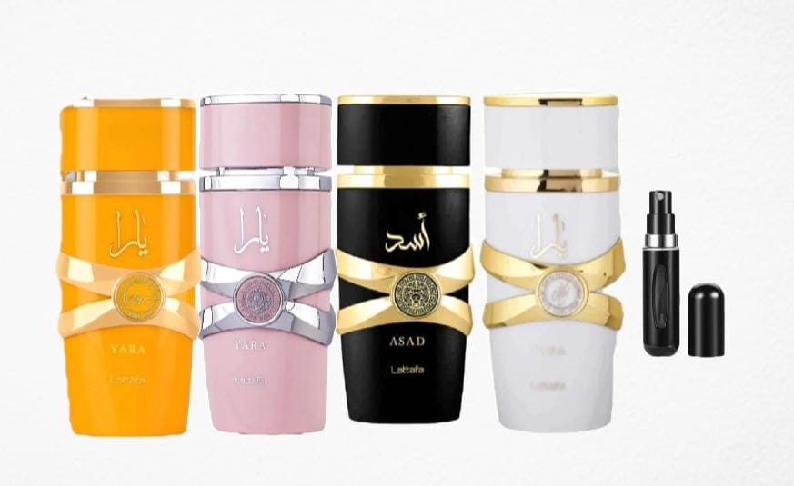 002-COMBO 4 PERFUMES YARA, YARA MOI, YARA TOUS, ASAD MAS PERFUMERO RECAGABLE