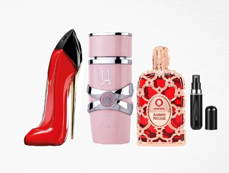 003- COMBO 3 PERFUMES YARA, GOOD GIRL VERY, ORIENTICA AMBER ROUGE MAS PERFUMERO RECARGABLE