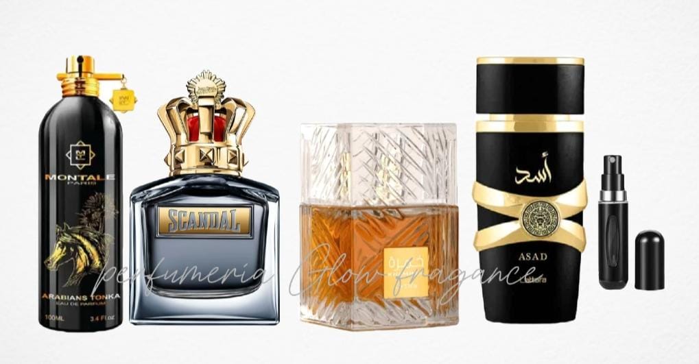 005- 4 PERFUMES SCANDAL, LATTAFA ASAD, MONTALE ARABIANS TONKA, KHAMRAH MAS PERFUMERO RECARGABLE