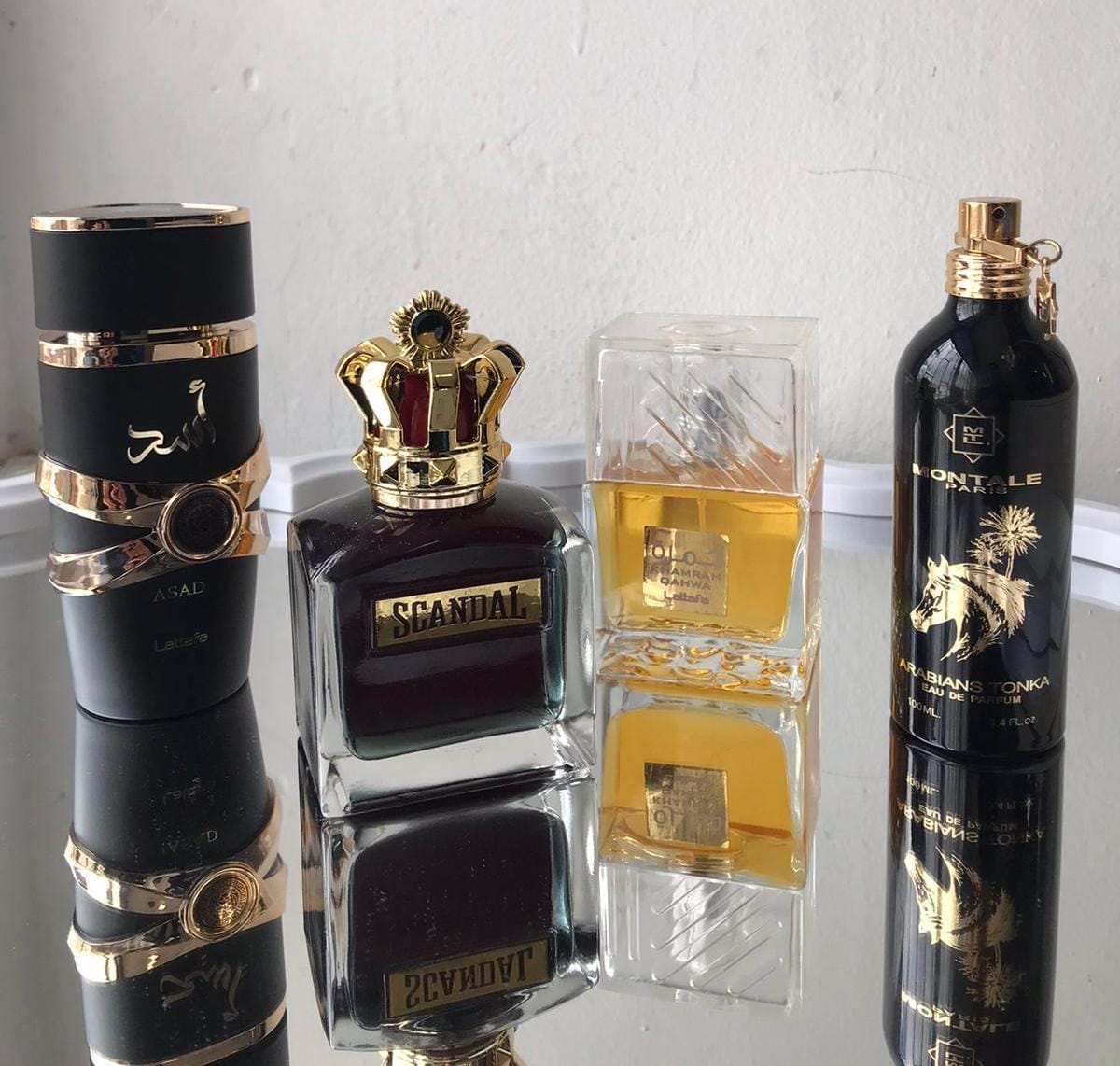 005- 4 PERFUMES SCANDAL, LATTAFA ASAD, MONTALE ARABIANS TONKA, KHAMRAH MAS PERFUMERO RECARGABLE