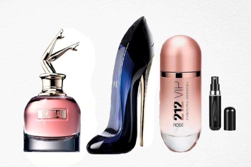 004- 3 PERFUMES SCANDAL, GOOD GIRL, 212 VIP ROSE MAS PERFUMERO RECAGABLE  (DAMA)